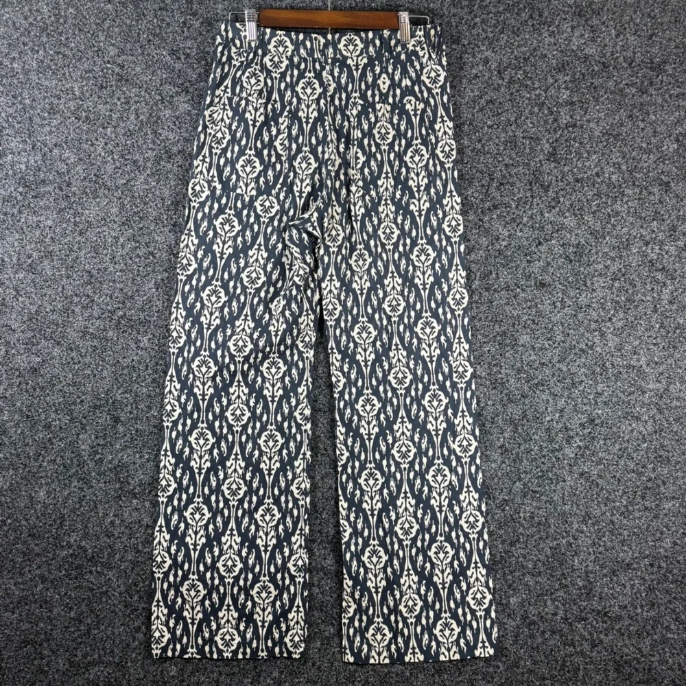 Zara Womens Small Navy Blue Cream Ikat Damask Wide Leg High Waist Linen Pants